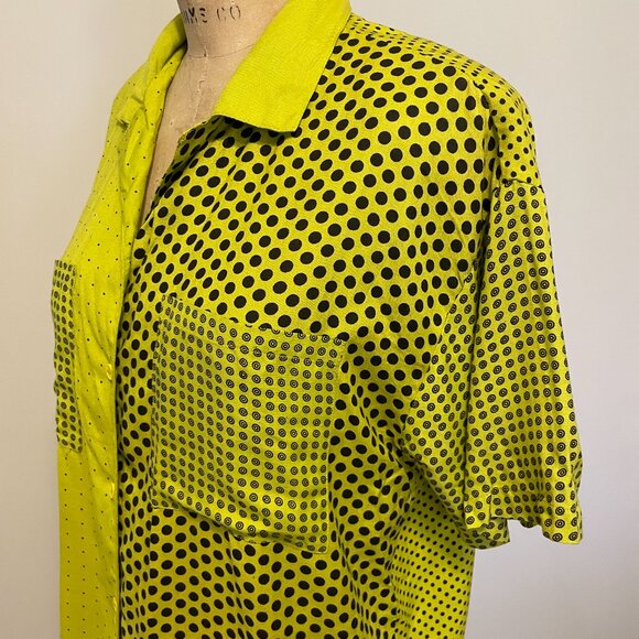 Vintage 1980s 90s Polka Dot Funky Rayon Lime Green Brat Summer Button Up Blouse - Picture 6 of 16